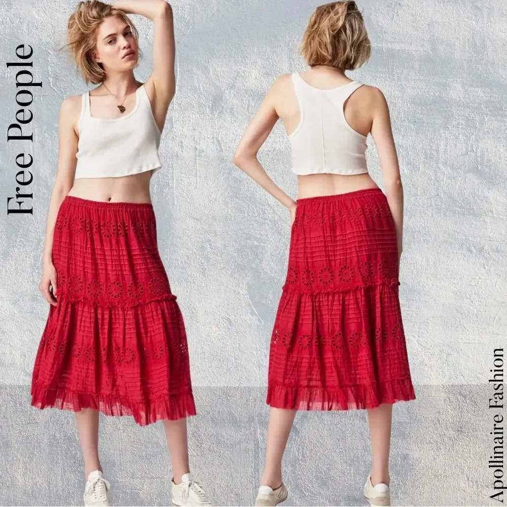 FREE PEOPLE LORELAI MIDI SKIRT IN RED SP